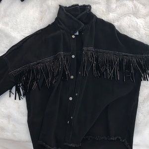 zara black jean jacket with sparkly fringe